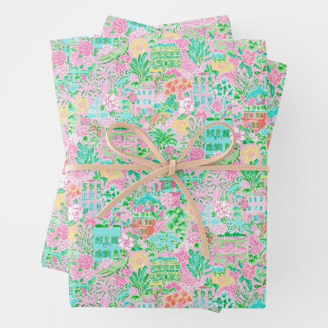 Feuille De Papier Cadeau Charleston Pastel Preppy Palm Beach Pattern Print (En situation)
