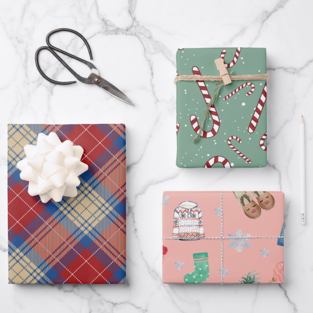 Feuille De Papier Cadeau Charmant motif moderne plaid vert l rouge Noël (Recto)