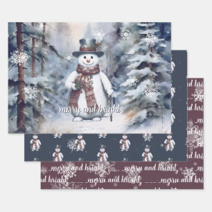 Feuille De Papier Cadeau Charmant Snowman Aquarelle Forêt d'hiver