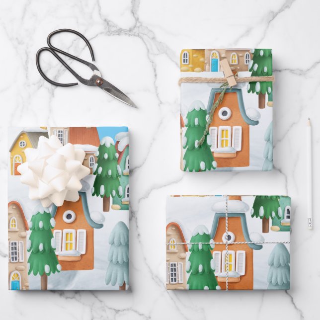 Feuille De Papier Cadeau Charme Village De Noël Maisons Arbres Neige (Recto)