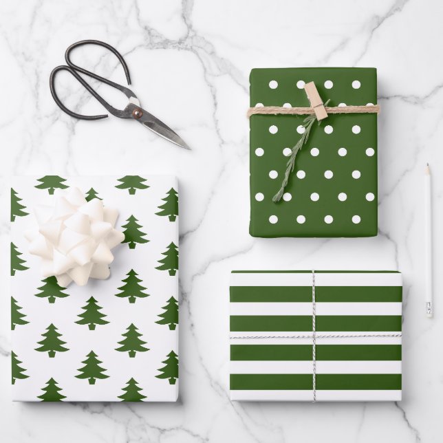 Feuille De Papier Cadeau Chasseur simple Green White Noël Arbres mélangés (Recto)