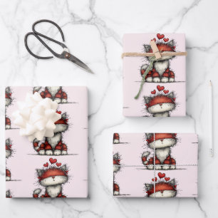 Feuille De Papier Cadeau Chat avec des cœurs d'amour rouges motif mignon et