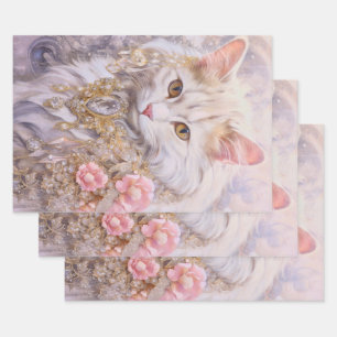 Feuille De Papier Cadeau Chat blanc élégant en or et diamants