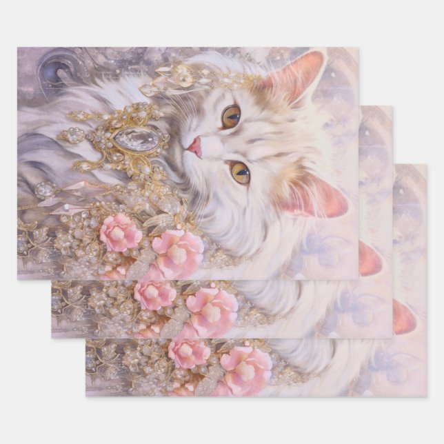 Feuille De Papier Cadeau Chat blanc élégant en or et diamants (Lot)