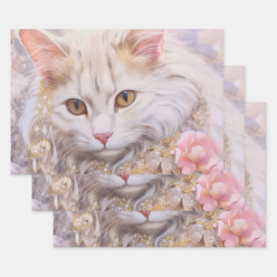 Feuille De Papier Cadeau Chat blanc élégant en or et diamants
