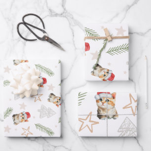 Feuille De Papier Cadeau Chat chaton chaton couleur vert Père Noël Joyeux N