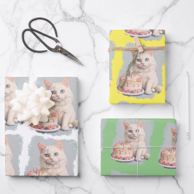 Feuille De Papier Cadeau Chat d'anniversaire mignon (Recto)