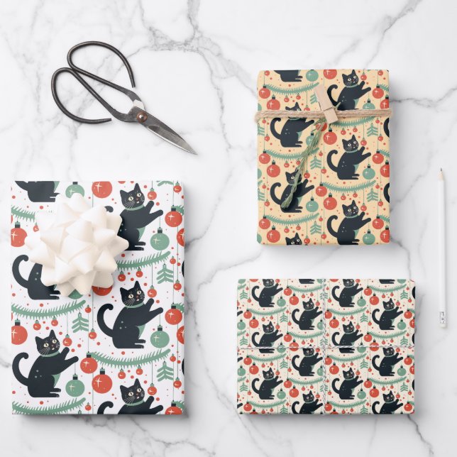 Feuille De Papier Cadeau Chat de Noël coquin avec ornements (Recto)