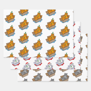 Feuille De Papier Cadeau Chat de Noël et d'Anniversaire orange, blanc et g