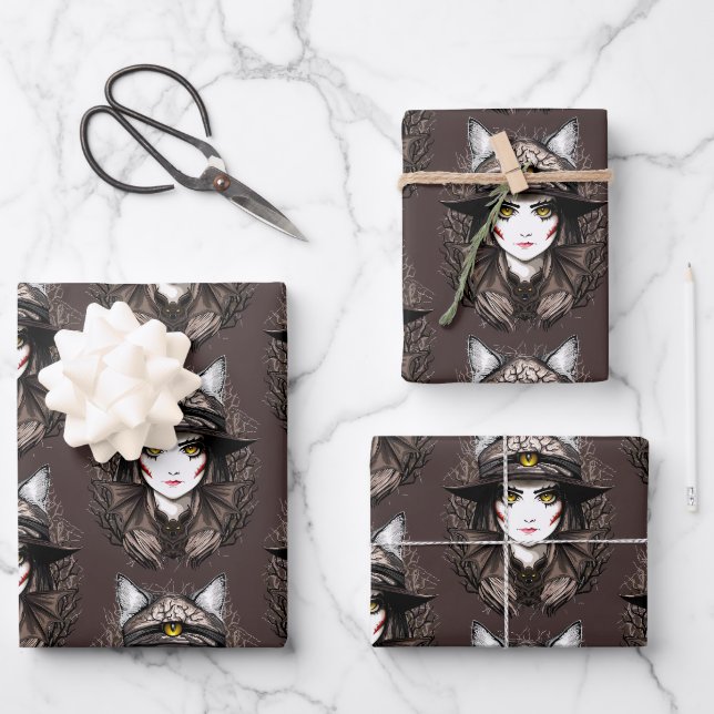 Feuille De Papier Cadeau Chat de sorcière Halloween Déplaisant Portrait mig (Recto)