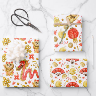 Feuille De Papier Cadeau Chat dragon et waving   Nouvel An chinois