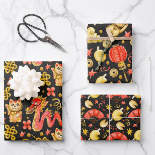 Feuille De Papier Cadeau Chat dragon et waving   Nouvel An chinois