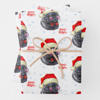 Feuille De Papier Cadeau Chat drôle et sophistiqué avec chapeau de Père Noë