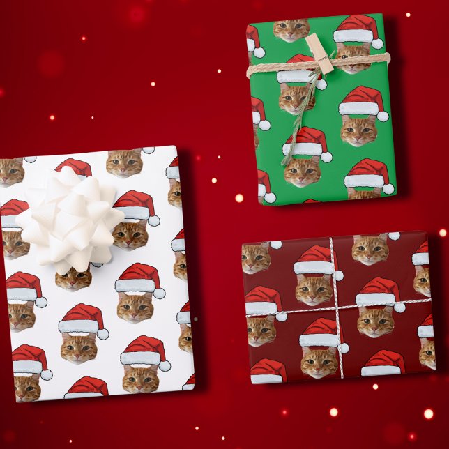 Feuille De Papier Cadeau Chat drôle Personnalisé Photo Visage Santa Hat Noë (Créateur téléchargé)