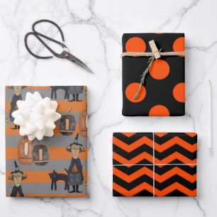 Feuille De Papier Cadeau Chat et sorcière d'Halloween Points noirs et ora