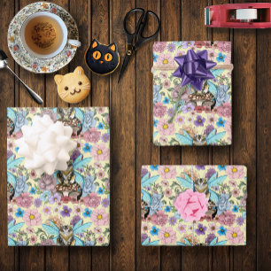 Feuille De Papier Cadeau Chat féerique tabby pastel fantaisiste floral 