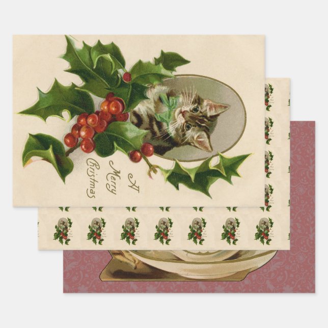 Feuille De Papier Cadeau Chat Noël Joyau Holly Kitten Art antique (Lot)