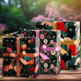 Feuille De Papier Cadeau Chat Noir Caché Dans Une Fleur Rose Romantique Bot