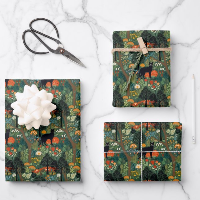 Feuille De Papier Cadeau Chat noir en forêt sans couture motif (Recto)