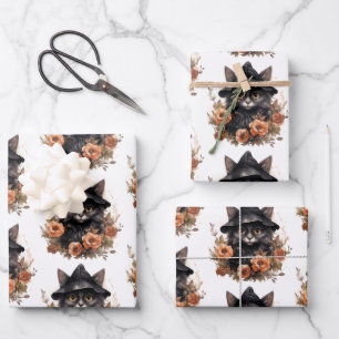 Feuille De Papier Cadeau Chat noir mignon dans le Casquette d'une sorcière
