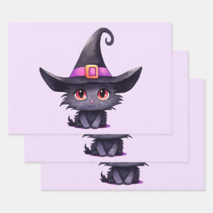 Feuille De Papier Cadeau Chat noir mignon portant un Casquette de sorcière