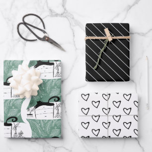 Feuille De Papier Cadeau Chat noir moderne et Motif Plante