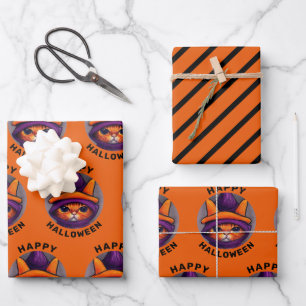 Feuille De Papier Cadeau Chat orange avec sorcière violette Casquette Bonne