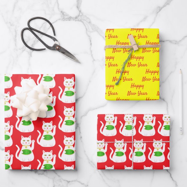 Feuille De Papier Cadeau Chat Oriental Lucky Personnalisé Nouvel An Chinois (Recto)