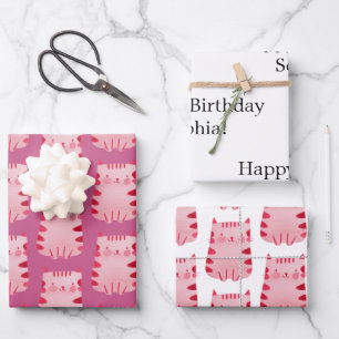 Feuille De Papier Cadeau Chat rose mignon Joyeux anniversaire Personnalisé