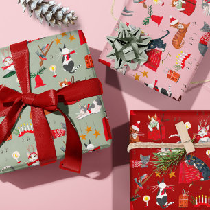 Feuille De Papier Cadeau Chat Rose Rouge Vert Rouge Vert Vert Rouge Motif N