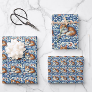Feuille De Papier Cadeau Chat roux Delft anglais floral bleu blanc
