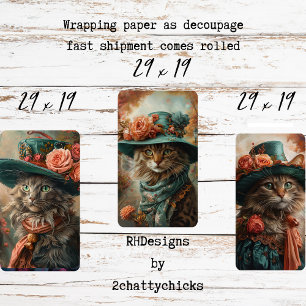 Feuille De Papier Cadeau Chat Vintage avec Chapeau et Tenue Sarcelle Découp
