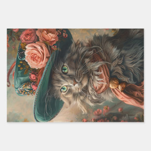 Feuille De Papier Cadeau Chat Vintage avec chapeau Teal & Découpage Attire