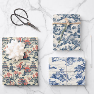 Feuille De Papier Cadeau Château de Chine bleu marine chinoiserie aquarelle