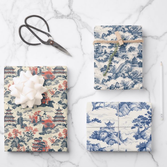 Feuille De Papier Cadeau Château de Chine bleu marine chinoiserie aquarelle (Recto)