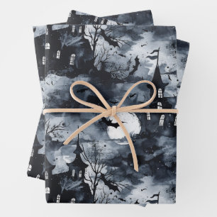 Feuille De Papier Cadeau Château d'Halloween avec lune et chauves-souris go