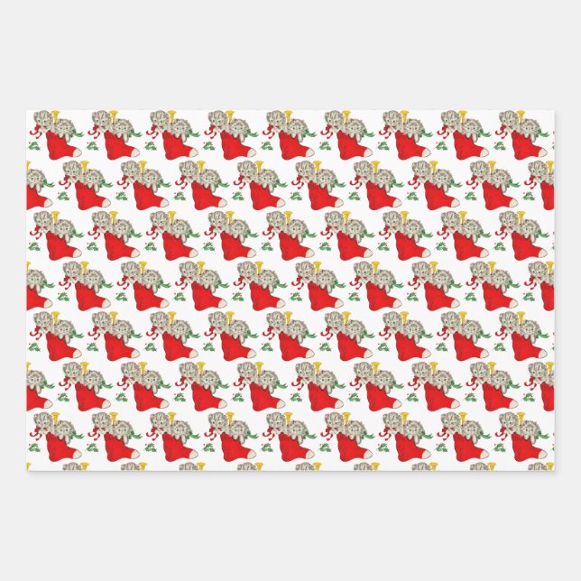 Feuille De Papier Cadeau Chatons de Noël Vintage et Chiot (Devant)