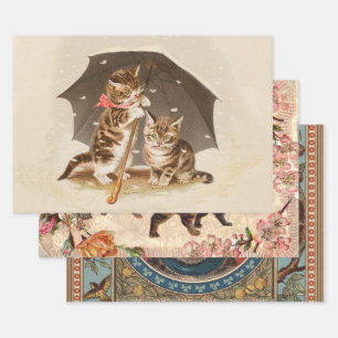 Feuille De Papier Cadeau Chatons vintage sous parapluie art de chat antique