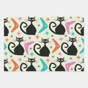 Feuille De Papier Cadeau Chats atomiques noirs du milieu du siècle avec Boo