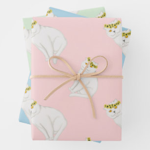 Feuille De Papier Cadeau Chats blancs et tournesols en gerbe