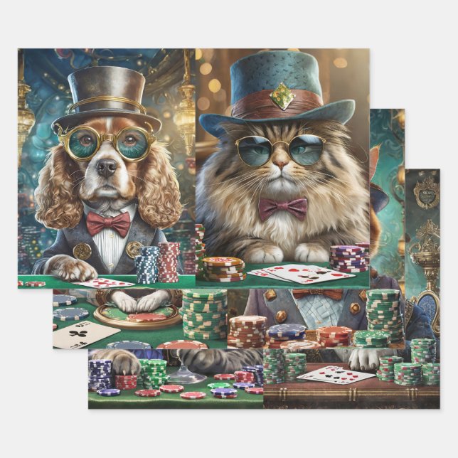 Feuille De Papier Cadeau Chats & Chiens Jouer Poker, Salon (Lot)