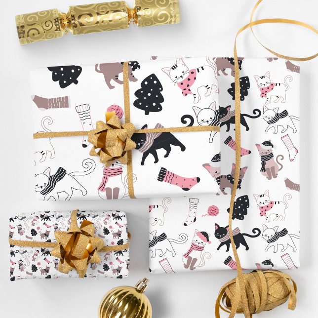 Feuille De Papier Cadeau Chats de Noël rétro (Retro Christmas Cats Wrapping Paper Sheets)