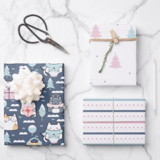 Feuille De Papier Cadeau Chats d'hiver Fun Pastel vacances Noël