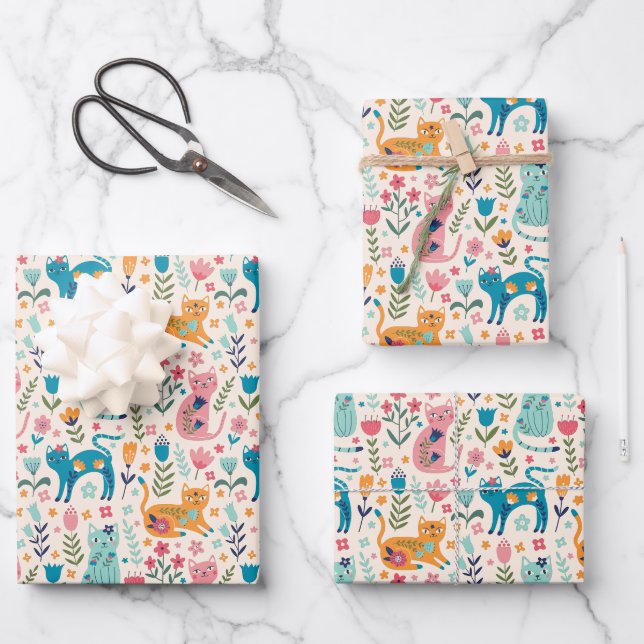 Feuille De Papier Cadeau Chats et fleurs (Recto)