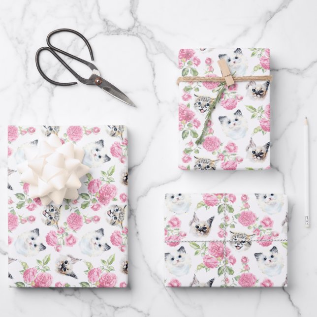Feuille De Papier Cadeau Chats et Roses (Recto)