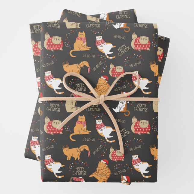 Feuille De Papier Cadeau Chats Festifs avec lumière Motif de Noël (En situation)