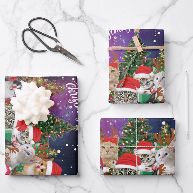 Feuille De Papier Cadeau Chats Joyeux Noël Lumière (Recto)