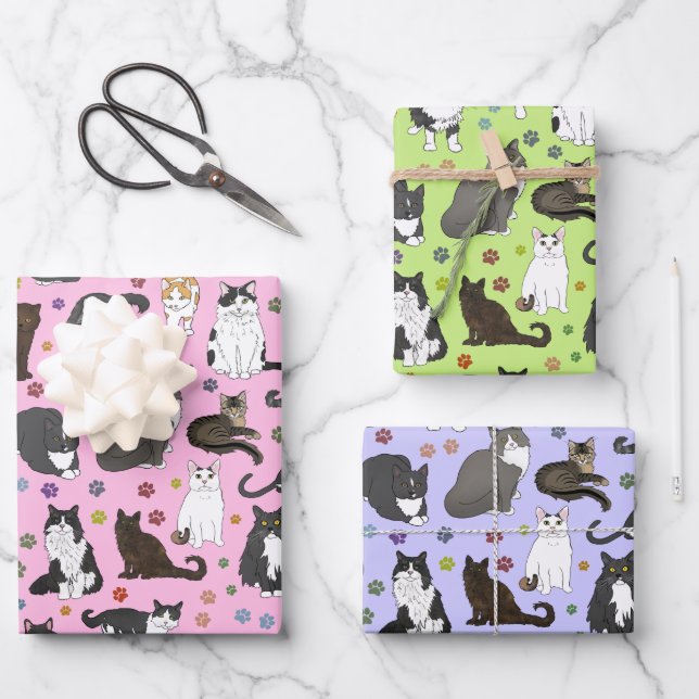 Feuille De Papier Cadeau Chats Lotsa - gomme à bulle rose, vert, violet (Recto)