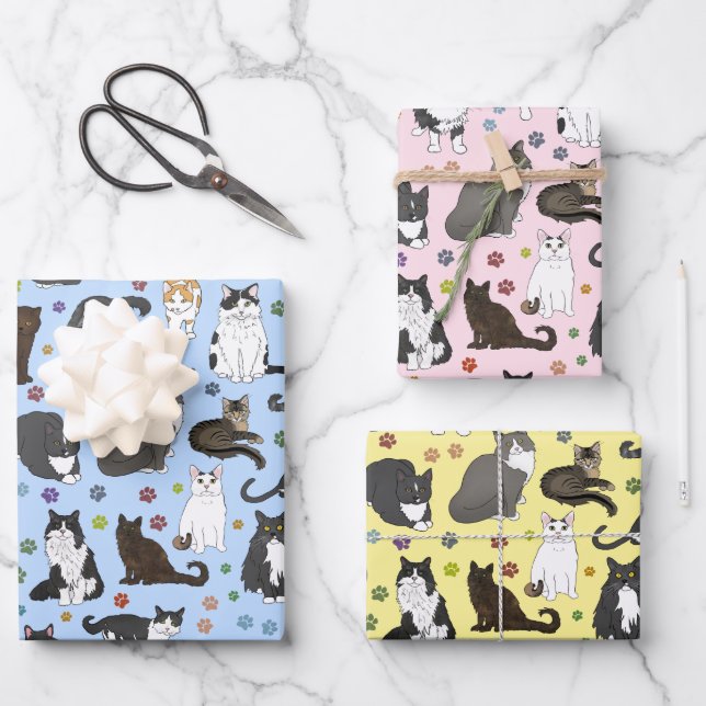 Feuille De Papier Cadeau Chats Lotsa - rose, bleu, jaune (Recto)