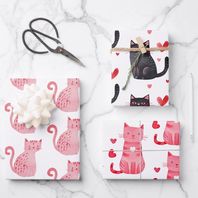 Feuille De Papier Cadeau Chats noirs roses Coeurs Anniversaire (Recto)